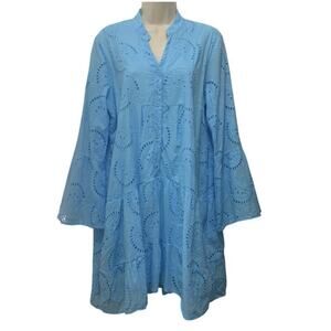 Women’s Blue Eyelet Embroidered Boho Dress Large Tiered Cotton Lined Flowy Swing
